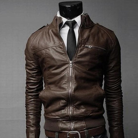 New Fashion Autumn Men’s Leather Jacket Black Brown Mens Stand Collar Coats Leather Biker Jackets Motorcycle Leather Jacket