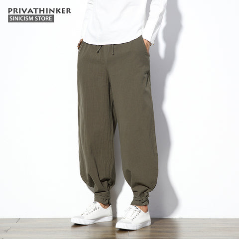 Sinicism Store 5XL Cotton Linen Harem Pants Men Jogger Pants Male Trousers Chinese Traditional Cloths Belts Plus Size